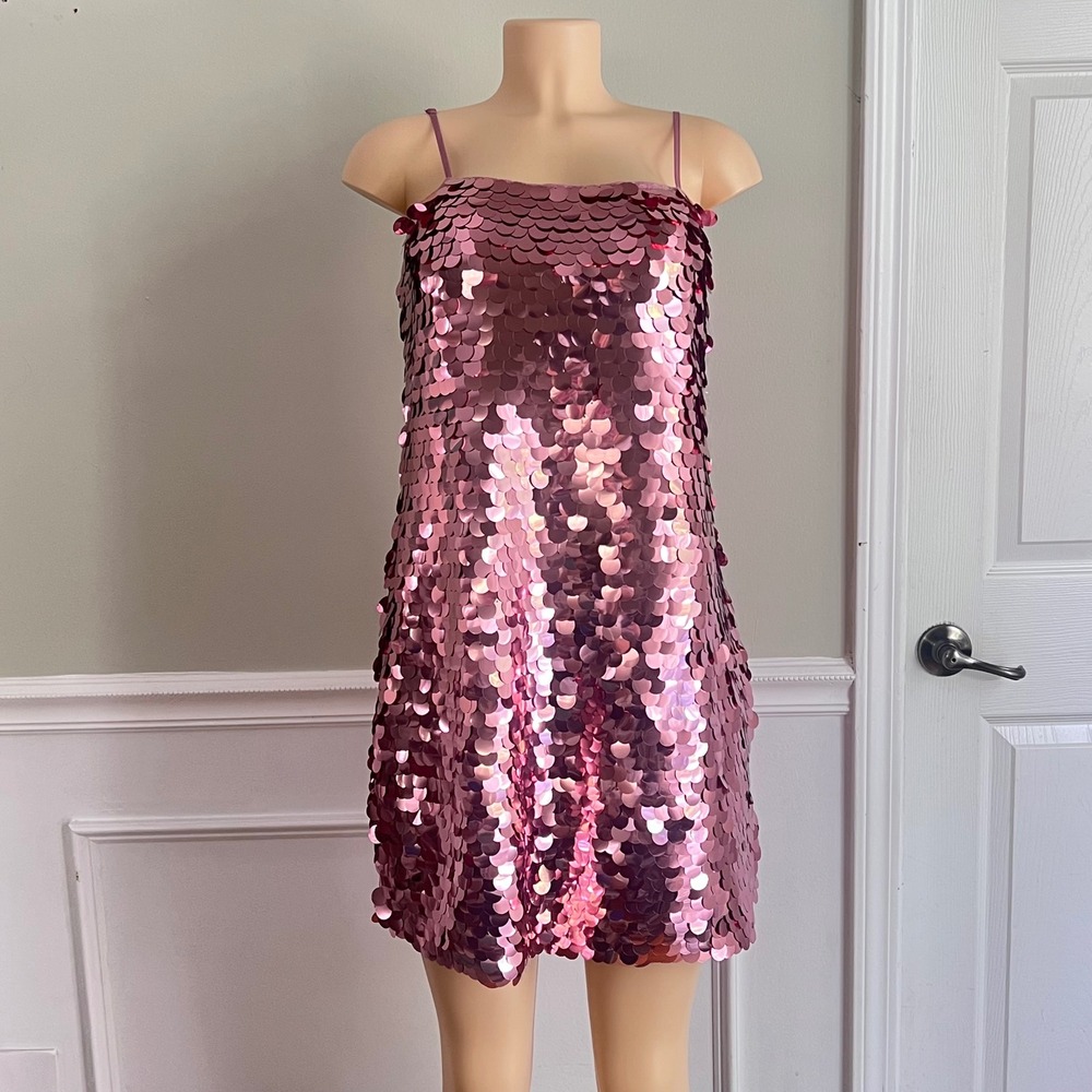 Sequin Mini Dress Womens M Large Disc Paillette Pink Disco Party Glam - Picture 8 of 9